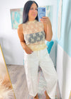 Tan Ruffle Trim Sheer Sleeveless Lace Top