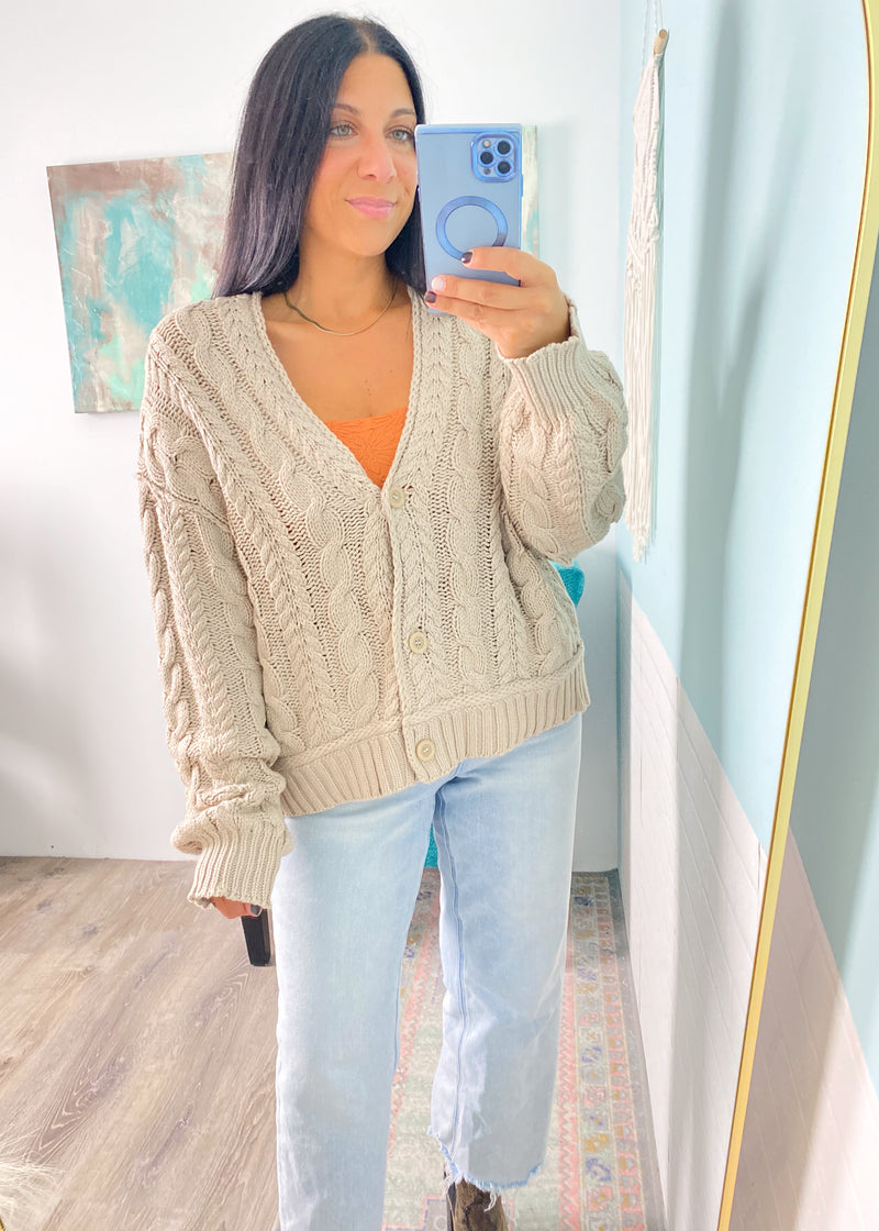 Taupe Cable Knit Sweater Cardigan
