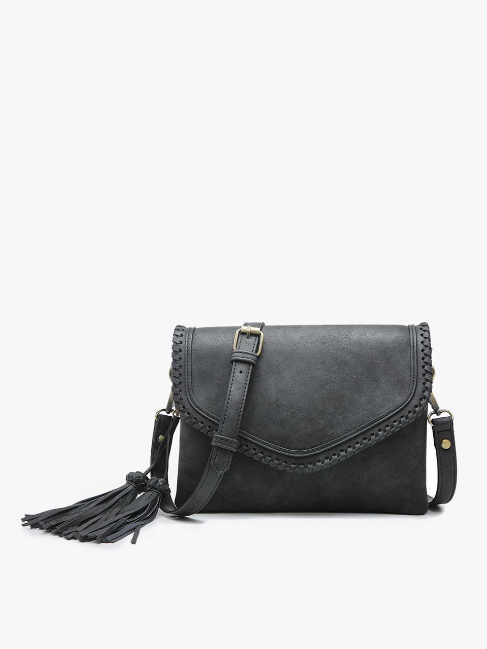  Black Flapover Faux Leather Crossbody with Stitching