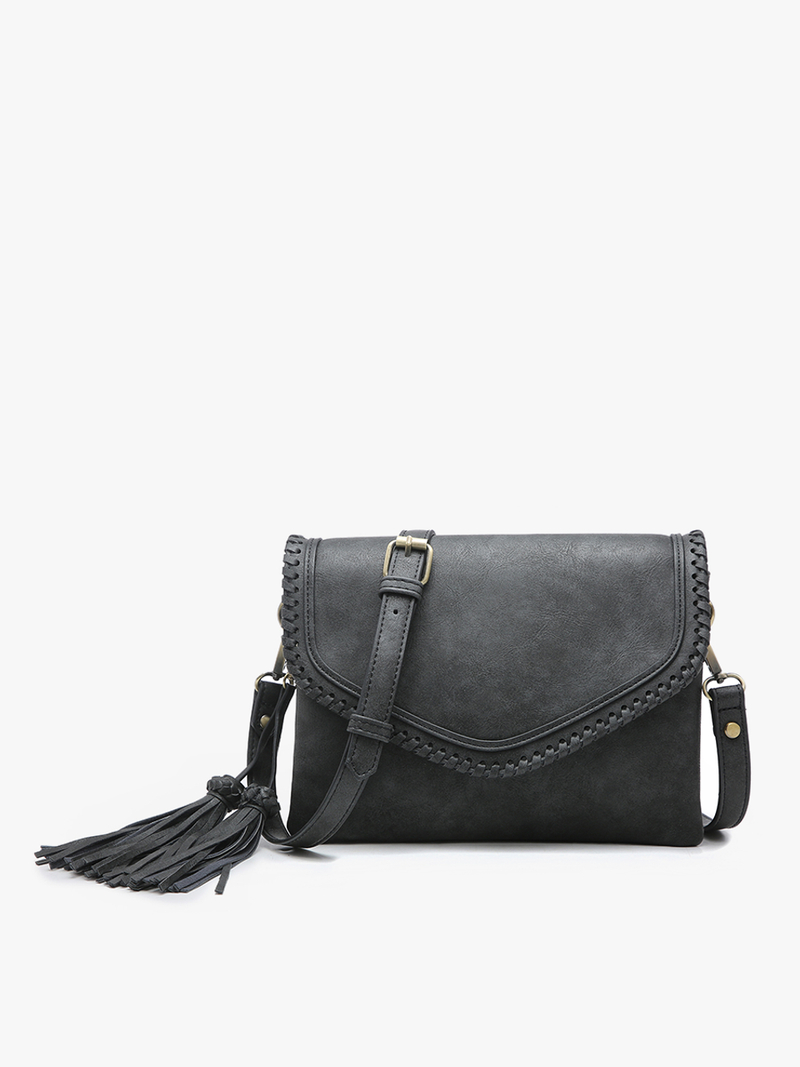  Black Flapover Faux Leather Crossbody with Stitching