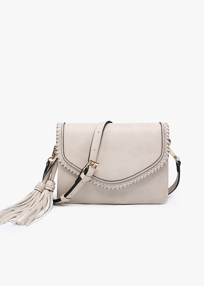Greige Flapover Faux Leather Crossbody with Stitching