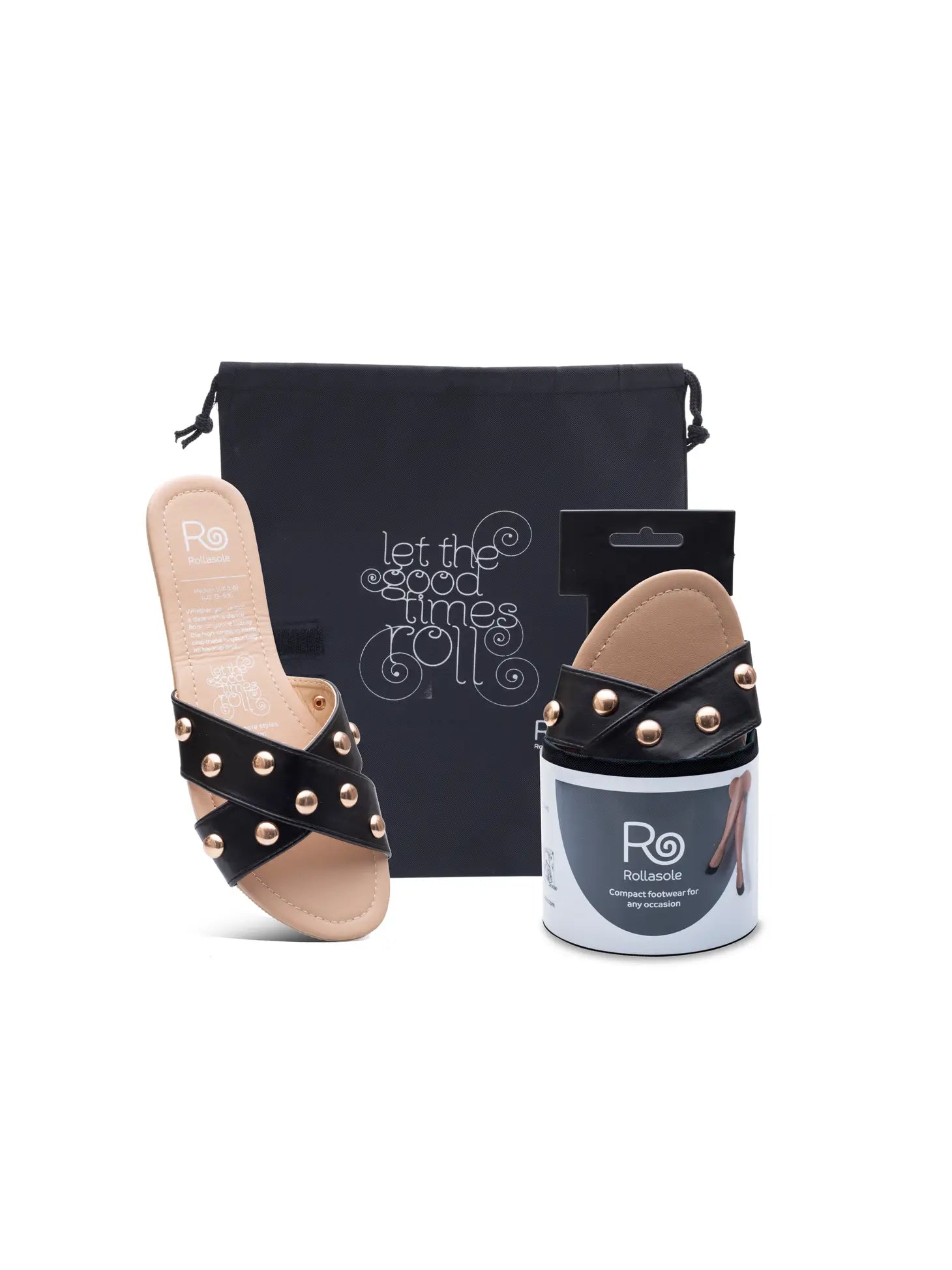 Black Rollasole Sandals with Gold Studs-Cali Moon Boutique, Plainville Connecticut