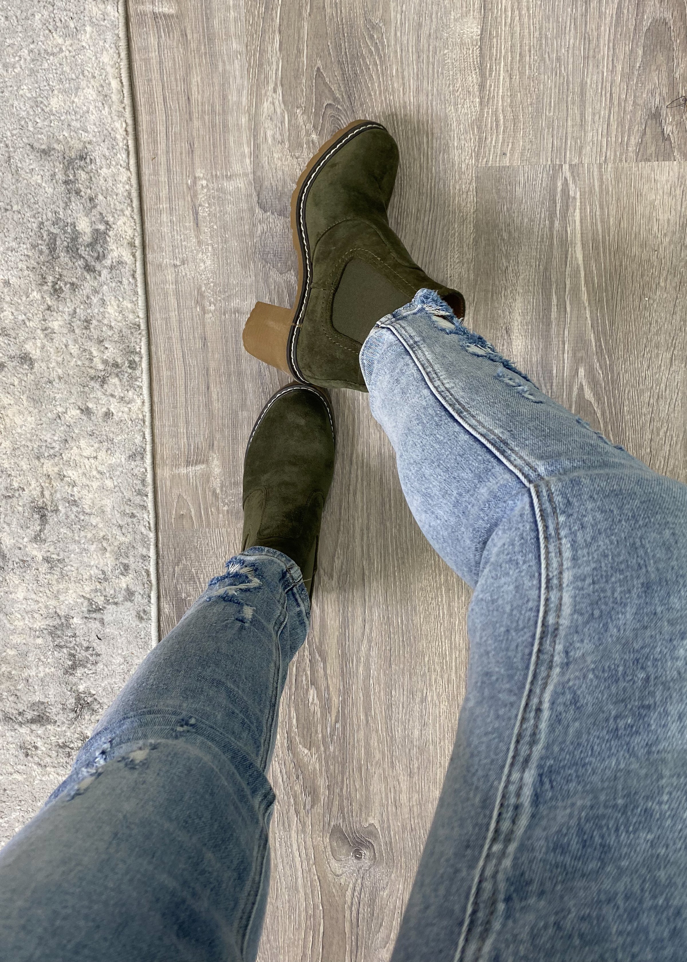 'Rocky' Olive Suede Elastic Side Booties-Cali Moon Boutique, Plainville Connecticut