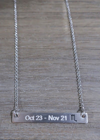 Zodiac Silver Bar Necklace-Necklace layering, Zodiac sign necklace, zodiac necklace, zodiac bar necklace, Capricorn necklace, Aquarius necklace, Pisces necklace, Aries necklace, Gemini necklace, Cancer Necklace, Leo necklace, Virgo necklace, Libra necklace, Scorpio necklace, Sagittarius Necklace, Taurus necklace, Silver zodiac sign necklace-Cali Moon Boutique, Plainville Connecticut